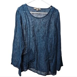 Flax Blue 100% Linen Tunic Pocket Long Sleeve Top Sz Small Womens